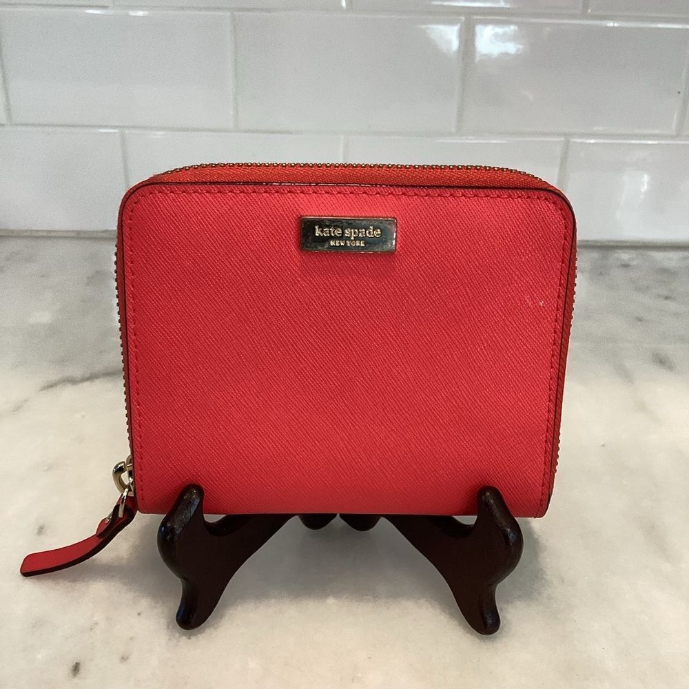 Kate Spade Wallet Neon Leather Compact Sleek Full Zip Design